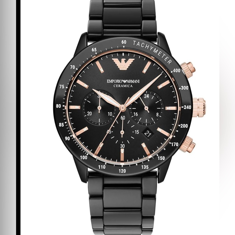 Emporio Armani Black and Gold Chronograph Watch Mens
